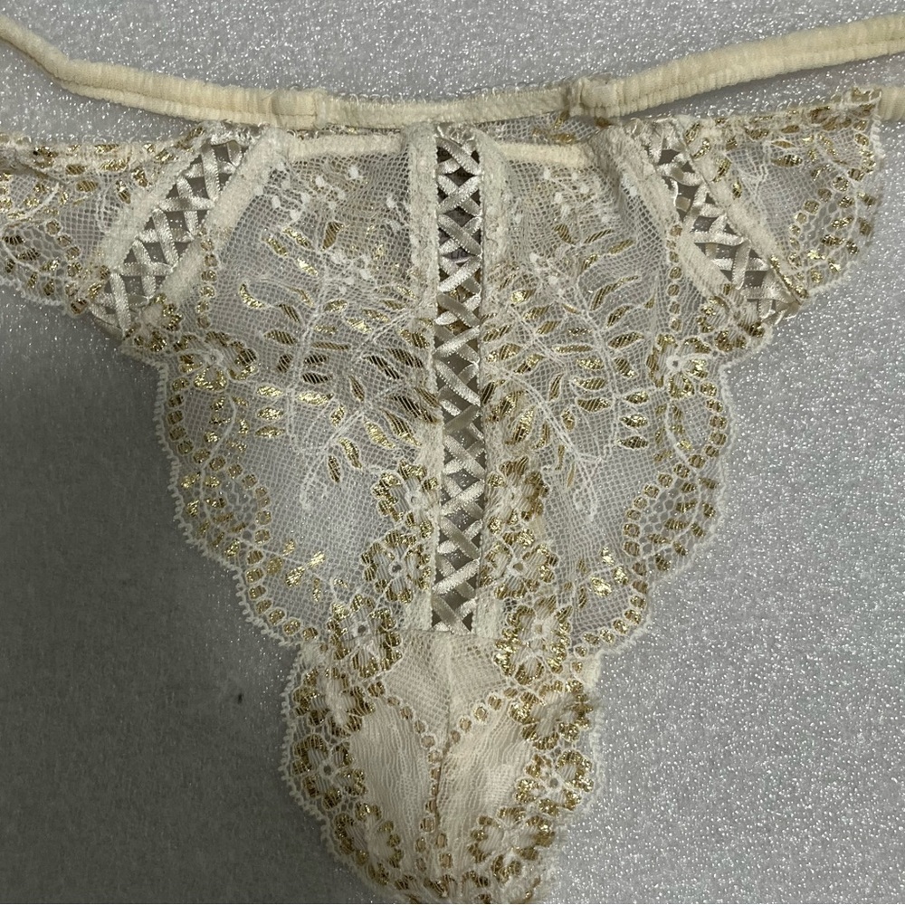 Victoria's Secret Cream and Gold metallic embroidery Lace thong Panty